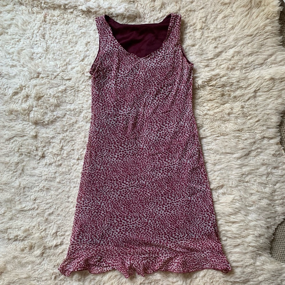 Vintage Dark Pink & White Cheetah Print Mesh Layered Mini Dress